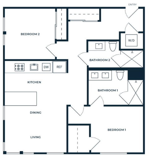 Floor plan for 2 beds, 2 baths, 1069 sqft